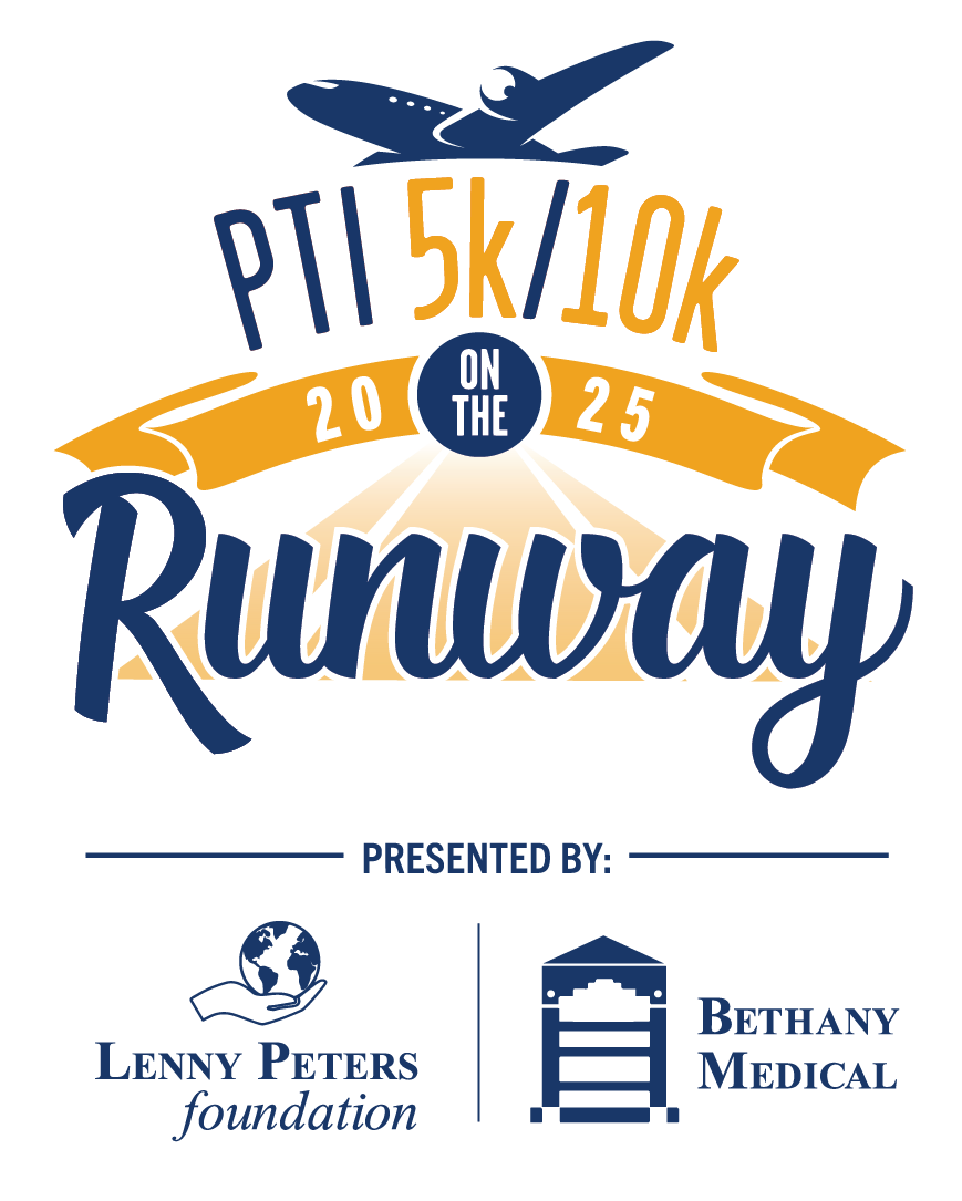 2025 PTI 5k/10k Run on the Runway logo with Presenting Sponsor Lenny Peters Foundation and Bethany Medical